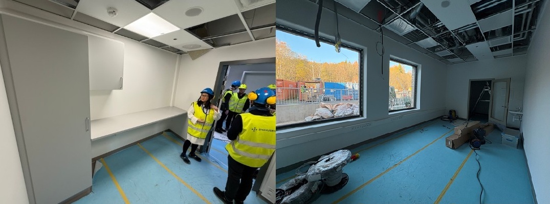 En gruppe mennesker i gule vester i et rom med stor skjerm